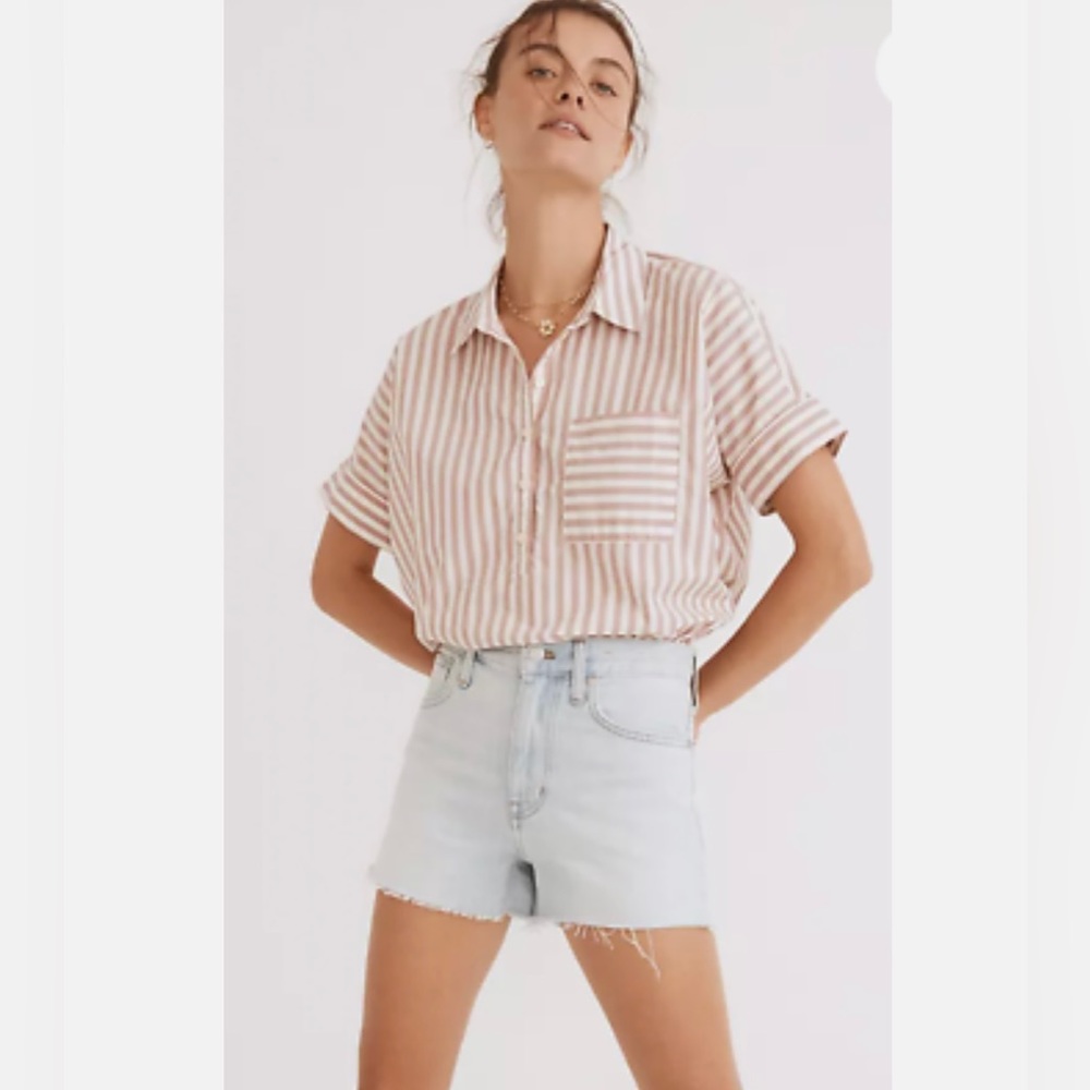 Stripe-Play Button-Up Popover Shirt NWT